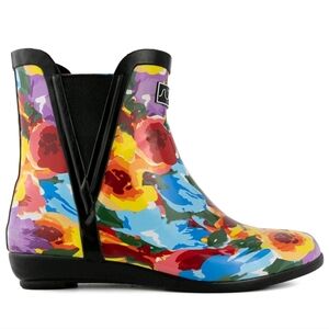 SUGAR Womens Black Floral Goring Water Resistant Splash Round Toe Rain Boots 7 M